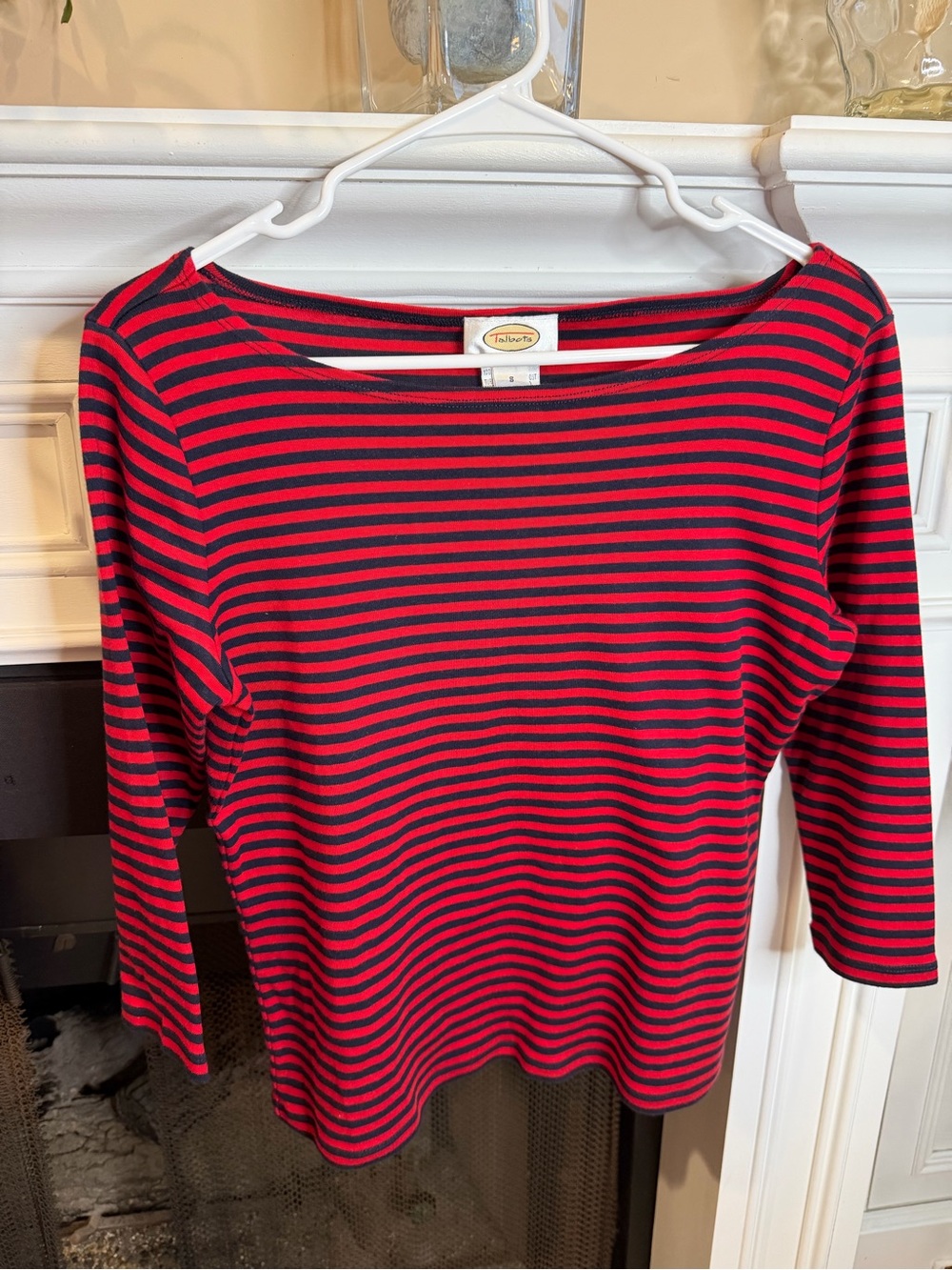 Talbots Navy and Red Striped Boatneck Long Sleeve Top